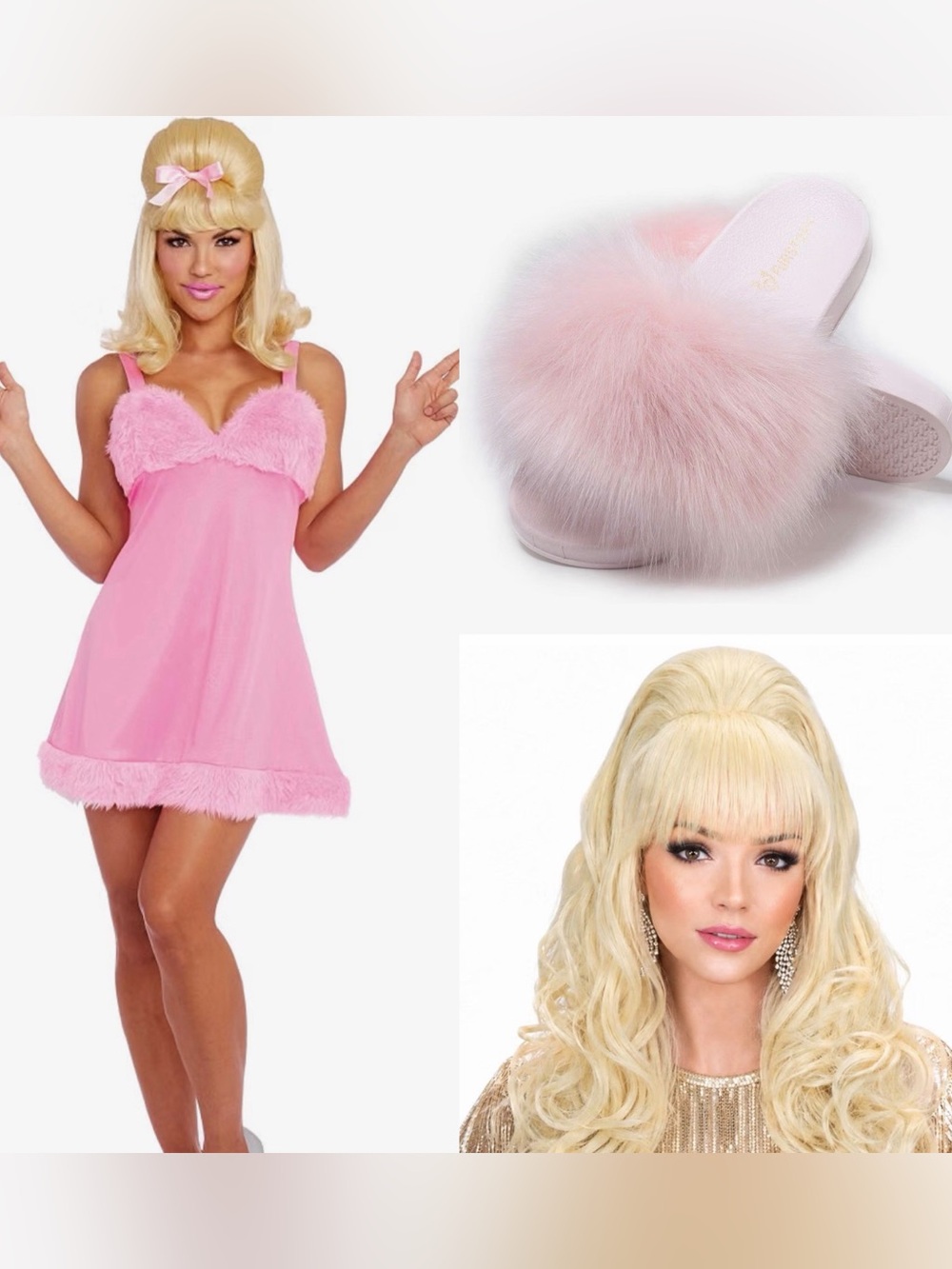 Fembot costume from Austin Powers, includes dress, wig, bow and furry slides